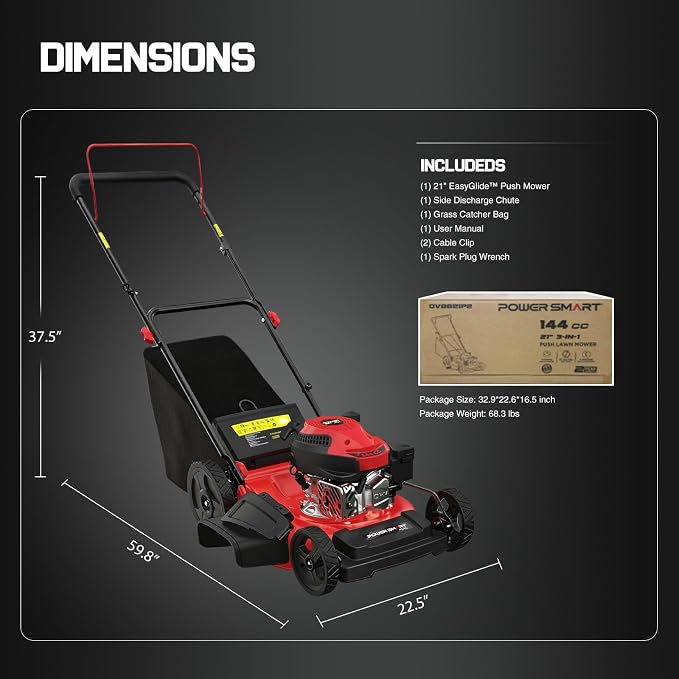 PowerSmart EasyGlide 21-Inch Gas Lawn Mower, 144cc 4-Stroke OHV Engine, Push Walk-Behind, 3-in-1 Mulch/Bag/Side Discharge, Steel Deck, 6 Height Adjustment - Image 3
