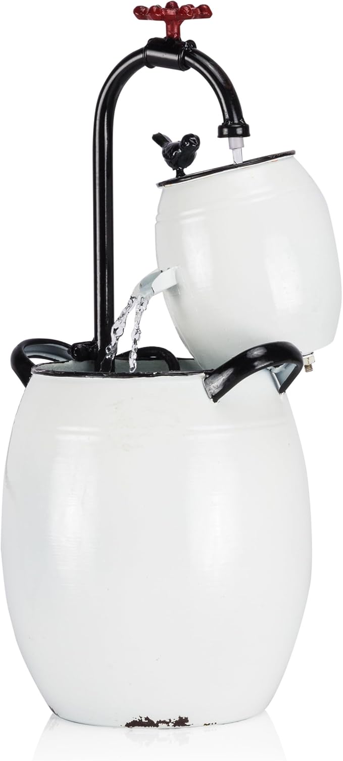 Alpine Corporation YHL428 Outdoor Tabletop Barrels and Faucet Water Fountain, Antique Tabletop Décor Fountain 19", White