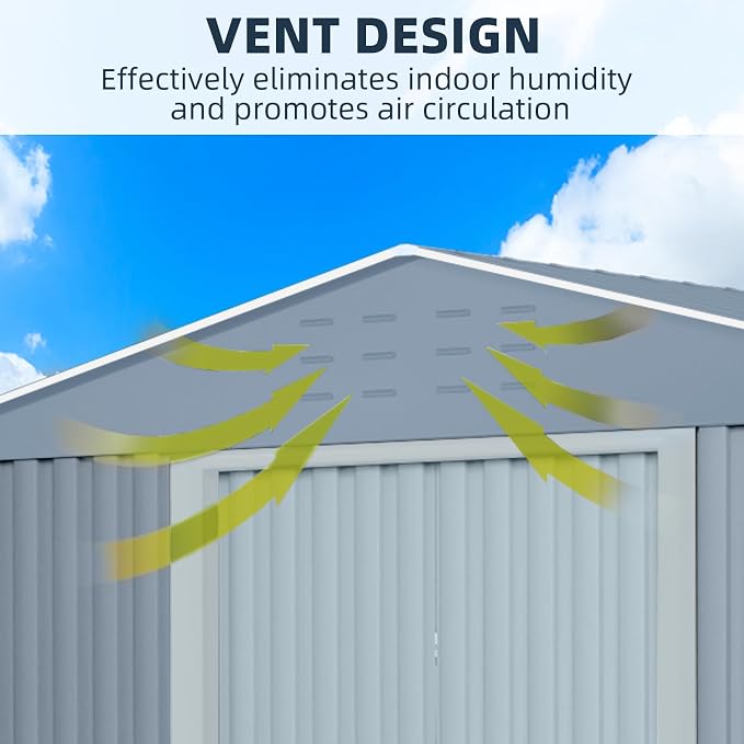 8X12FT Outdoor Metal Storage Shed, Lockable Weatherproof Garden Shed for Tools & Equipment, Durable Galvanized Steel with Sloping Roof & Ventilation, Ideal for Backyard, Patio & Garage Storage, Grey - Image 4