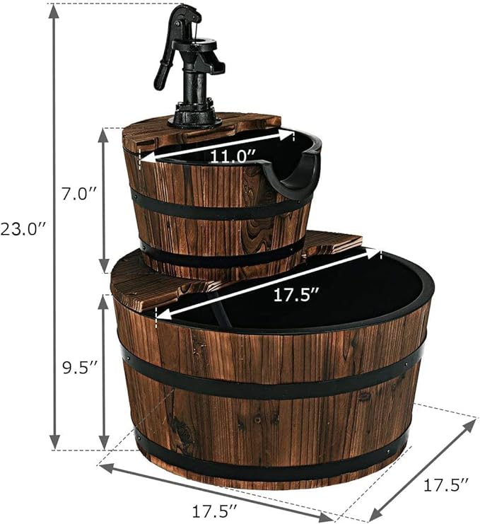 Tangkula 2-Tier Water Fountain Outdoor, Rustic Wood Cascading Waterfall Fountain with Electric Pump, Outside Water Feature with Decorative Hand for Garden Patio Backyard (Fir Wood)