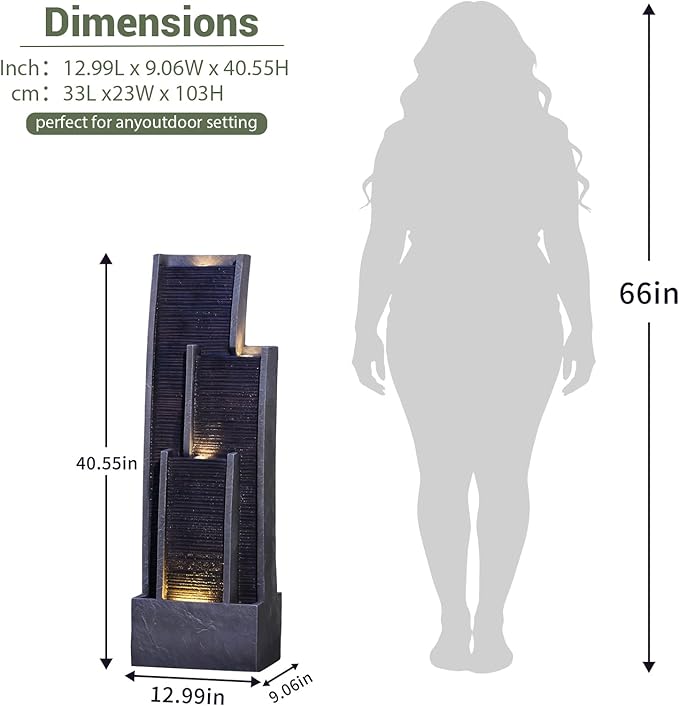 40.5" H Large Modern Indoor Water Fountains - Floor Standing Waterfall Fountain for Indoor or Outdoor with LED Light and Pump for Deck, Patio, Porch, Garden, Yard Decor, Outside Water Feature