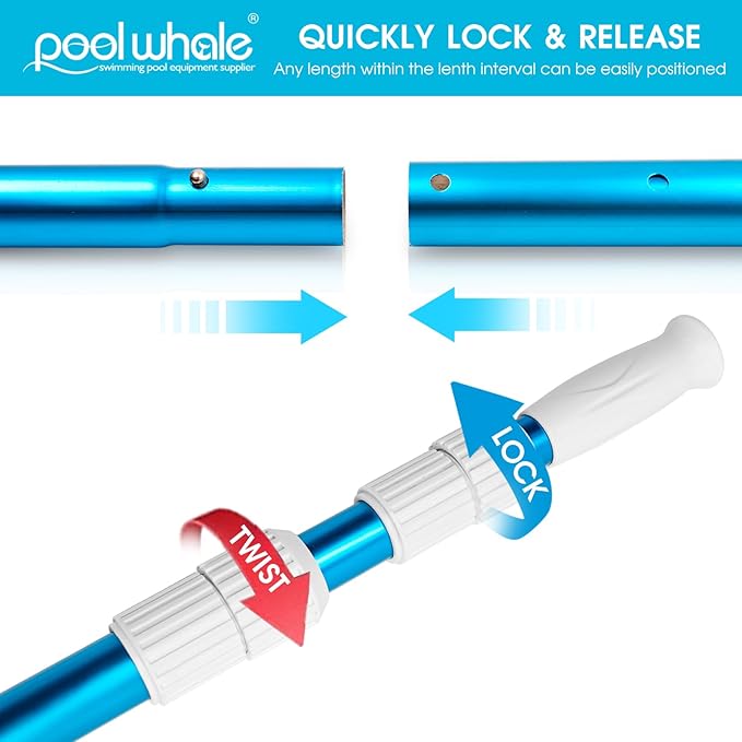 POOLWHALE Premium 15 Foot Telescopic Swimming Pool Pole, Adjustable 3 Piece Extendable Pool Cleaning Pole, Blue Anodized Aluminum - for Skimmer Nets, Vacuum Heads and Brushes - Image 4