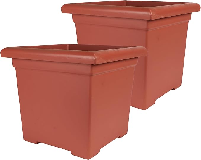The HC Companies 15.5 Inch Accent Square Plant Pots with Drainage, Lightweight UV-Resistant Plastic Planters for Indoor & Outdoor Plants, 2-Pack Flower Pots for Garden, Office & Home Decor, Clay