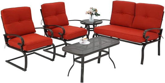 SOLAURA 5-Piece Patio Furniture Conversation Sets with Wrought Iron Loveseat and Spring Chairs（Red）