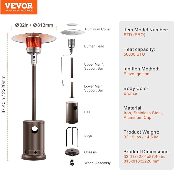 VEVOR 50000BTU Propane Patio Heater for Outdoor Use, Tall Hammered With Round Table Design, Metal Burner and Wheels, Fixed Flame Heater for Party, Backyard, Garden, Bronze