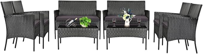 8 Pieces Patio Furniture Set, Outdoor Conversation Set with Ergonomic Curved Backrest, Patio Chair Set with Water-Resistant Cushion & Tempered Glass Table for Balcony,Porch,Poolside(Gray)