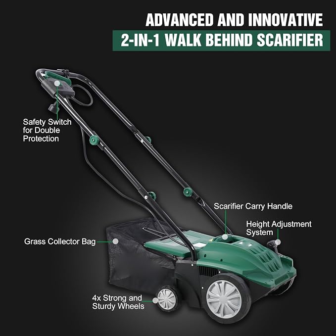 13" Electric Dethatcher and Scarifier 12 Amp Lawn Dethatcher with 31.7QT Collection Bag 2-in-1 Thatcher for Lawn Turf Vacuum for Artificial Grass Green - Image 4