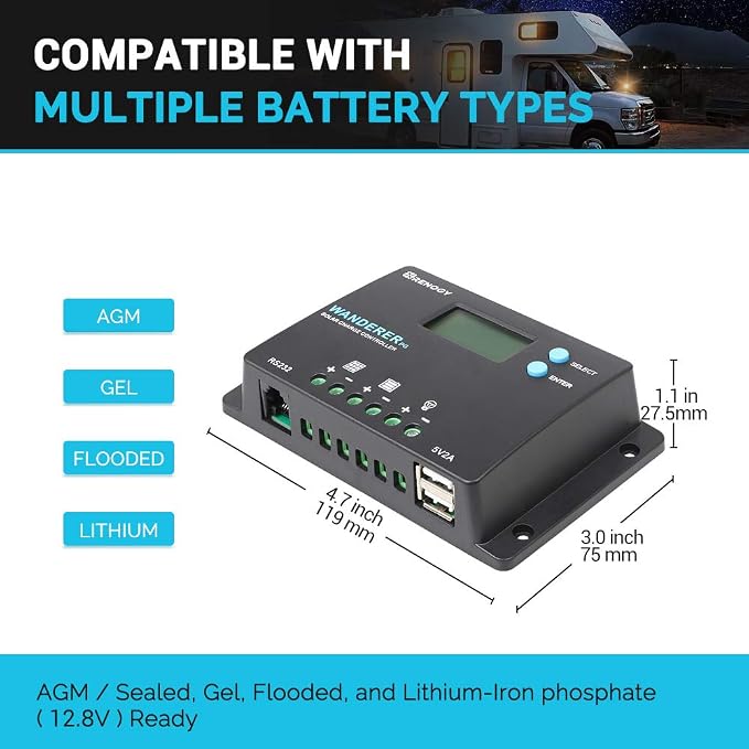 Renogy 10A 12V/24V PWM Postive Ground Solar Charge Controller Regulator Compact Design w/ LCD Display for Deep Cycle Sealed, Gel, and Flooded Battery, Wanderer PG 10A,Black - Image 4