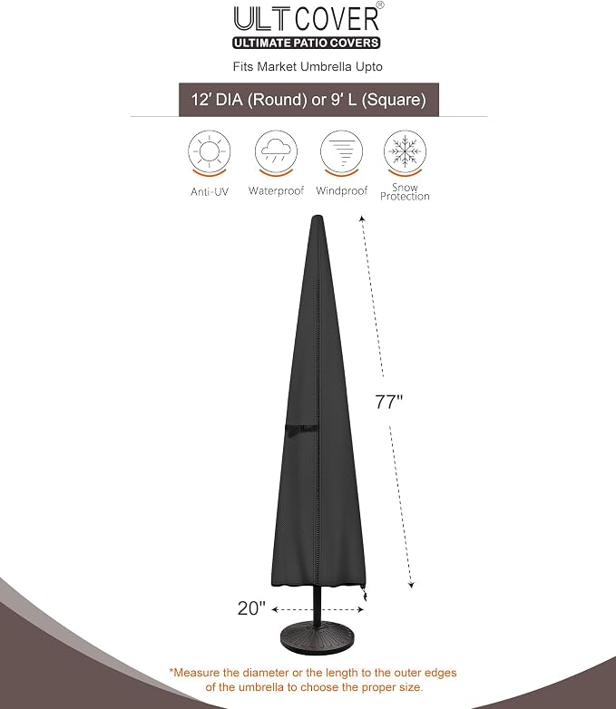 ULTCOVER Patio Parasol 600D Waterproof Outdoor Market Umbrella Cover - Fits Market Umbrella Up to 12 Feet, Black - Image 3