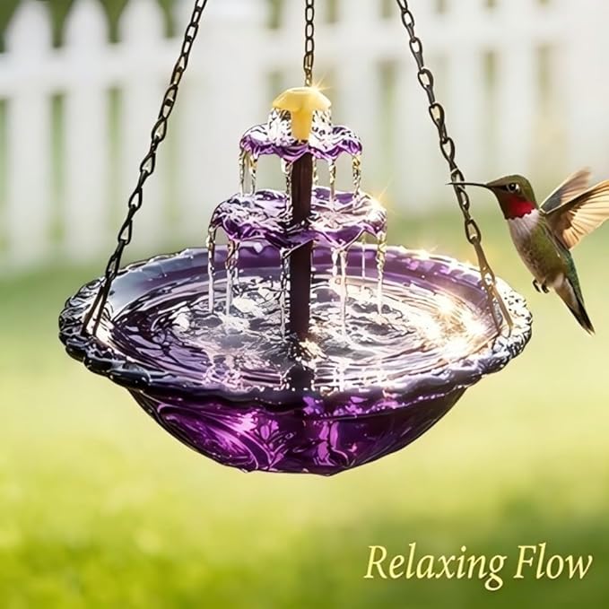Hanging Solar Bird Bath Fountain 3 Layers,Solar Cascade Hanging Bird Bath Fountain,Hummingbird Water Fountain Solar with Solar Water Pump,Suitable for Gardens,Backyards,Patios,and Lawns. (Purple)