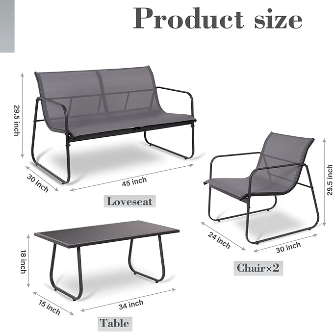 4 Piece Patio Furniture Set, Outdoor Conversations Sets for Patio, Lawn, Garden, Poolside with a Glass Coffee Table, Heathered Grey Fabric with Black Frame