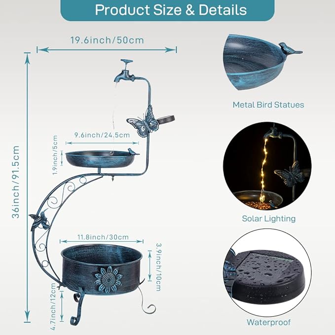 VEWOGARDEN Blue Bird Baths for Outdoors Metal Garden Bird Bath with Solar Lamp Vintage S Birdbaths with Flower Planter Pedestal Standing Bird Feeder(36" H * 19.6" W)