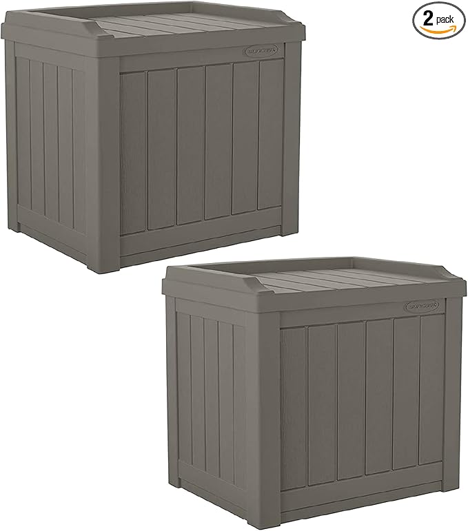 Suncast 2 Pack 22 Gallon Indoor or Outdoor Backyard Patio Small Storage Deck Box with Attractive Bench Seat and Reinforced Lid, Stone Gray by Suncast