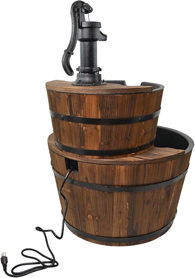 Extra Large Cascading Water Fountain for Outdoor Outside Patio Yard | Decorative 2-Tier Wood Barrel Fountain with Pump | 37.5" Tall Garden Waterfall Fountain