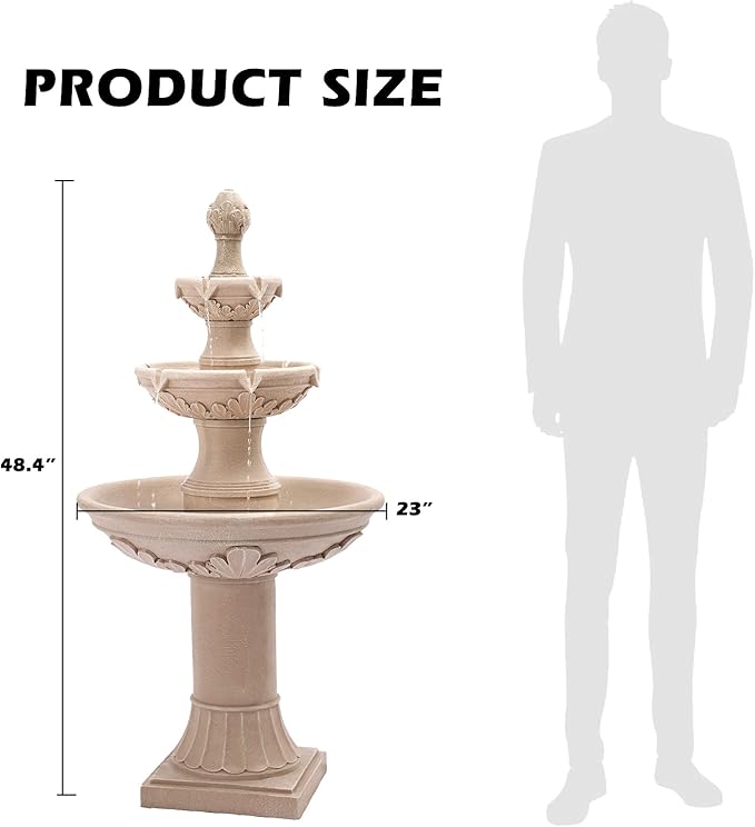 3-Tiers Outdoor Water Fountains, 48.4" H Floor Backyard Garden Fountain, Water Feature Indoor with Pump, Outdoor Freestanding Waterfall Fountains, Bernini Fountain for Garden Patio Yard Deck