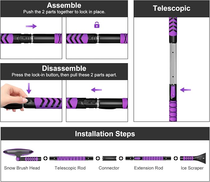Nuovoware 60" Ice Scraper and Extendable Snow Brush for Car Windshield, 5 in 1 Adjustable Snow Removal Tools with 270° Pivoting Brush Head for Car Auto Truck SUV, Purple - Image 3
