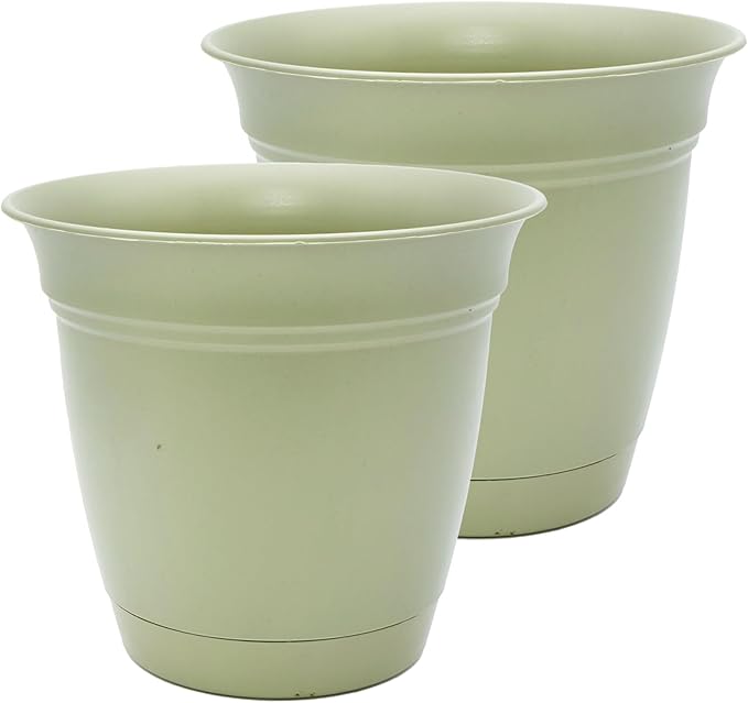 The HC Companies 16 Inch Eclipse Round Planter Pots with Drainage Holes & Attached Saucer, Lightweight UV-Resistant Plastic Indoor Outdoor Planters, 2-Pack Flower Pots for Garden & Home Decor, Seafoam