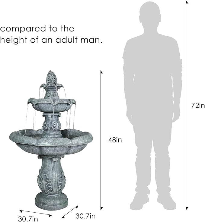 SunJet 48" High 3-Tiers Modern Concrete Outdoor Water Fountain - Round Large Outdoor Fountains and Waterfalls for Garden, Patio, Yard, and Deck Decor, Featuring Natural Stone Look (Grey, 48 inch)