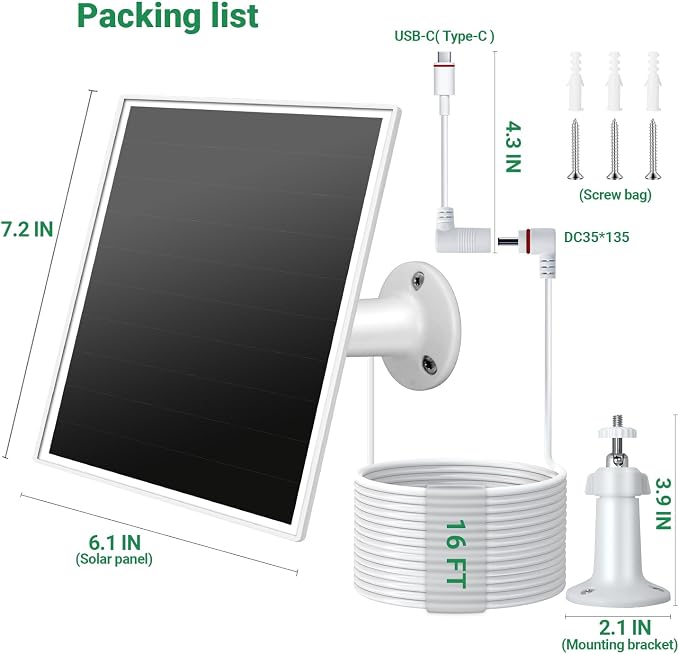 Solar Panel for Ring Camera, 6W Solar Charger with USB-C & Barrel Plug for Ring Stick Up Cam Plus/Pro & Spotlight Cam Battery Series, Waterproof, 16ft Cable, White - Image 5