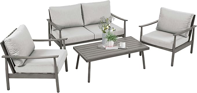 HAPPATIO Patio Outdoor Furniture Set - 4 Piece Aluminum Patio Conversation Set with 1 Coffee Table, 2 Armchairs and 1 Loveseat, Aluminum Outdoor Furniture Set for Backyard Deck Poolside (Grey)