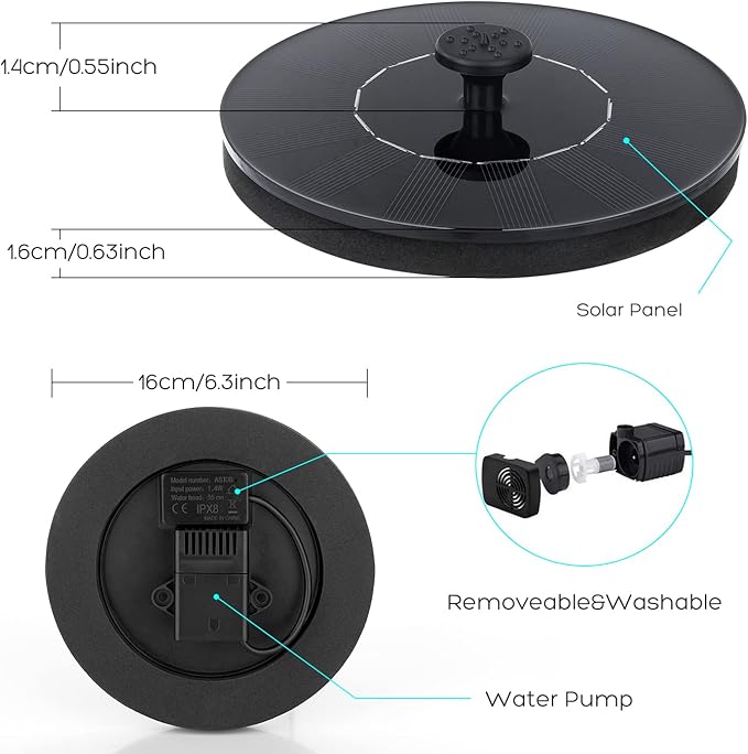Mademax Solar Bird Bath Fountains, Upgrade 1.4W Solar Fountain Pump with 6 Nozzles, Free Standing Floating Solar Powered Water Fountain Pump for Bird Bath, Garden, Pond, Pool, Outdoor