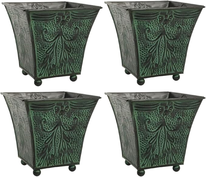 Hosley Set of 4 Green Patina Embossed Metal Planters with Ornate Floral Design, 5.25" L x 5.25" W x 5" H ?€? Ideal for Floral Arrangements, Home D??cor, Garden Accents, Rustic Weddings.