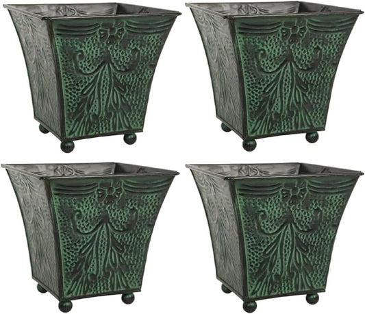 Hosley Set of 4 Green Patina Embossed Metal Planters with Ornate Floral Design, 5.25" L x 5.25" W x 5" H – Ideal for Floral Arrangements, Home Décor, Garden Accents, Rustic Weddings.