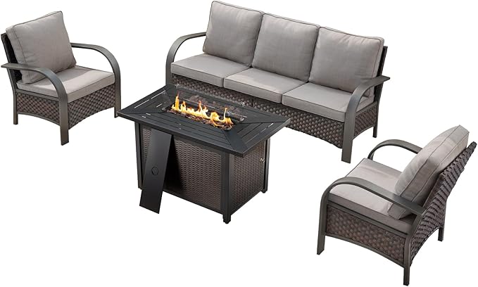 HUMMUH Wicker Patio Furniture Set with Fire Pit-Outdoor Wicker Chairs Set of 2 with Outdoor Patio Couch Outdoor Furniture Sets for Deck Porch Garden Poolside Backyard-Brown/Grey