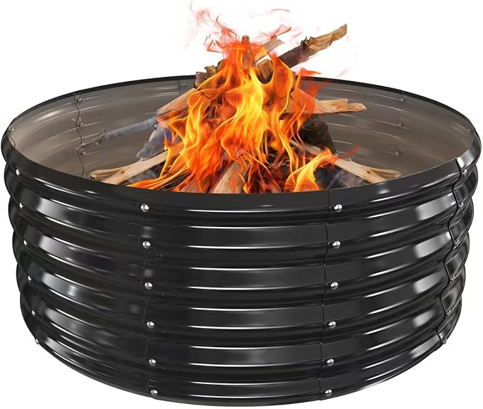 YSEJOMP 40 Inch Round Galvanized Fire Pit Ring/Fire Ring - Foldable and Perfect for Outdoor Gatherings and Campfires in The Yard/Garden/Park/Beach (Black+Gray, 3.3 FT Diameter+1.5 FT Tall) by YSEJOMP