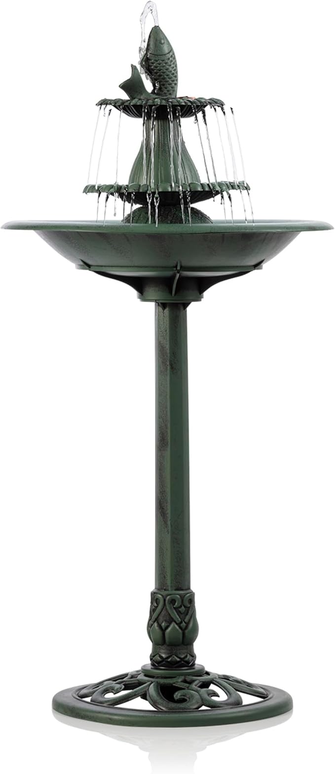 Alpine Corporation 40" Tall Outdoor 3 Tier Pedestal Water Fountain with Vintage Birdbath Accent, Garden Decor, Green