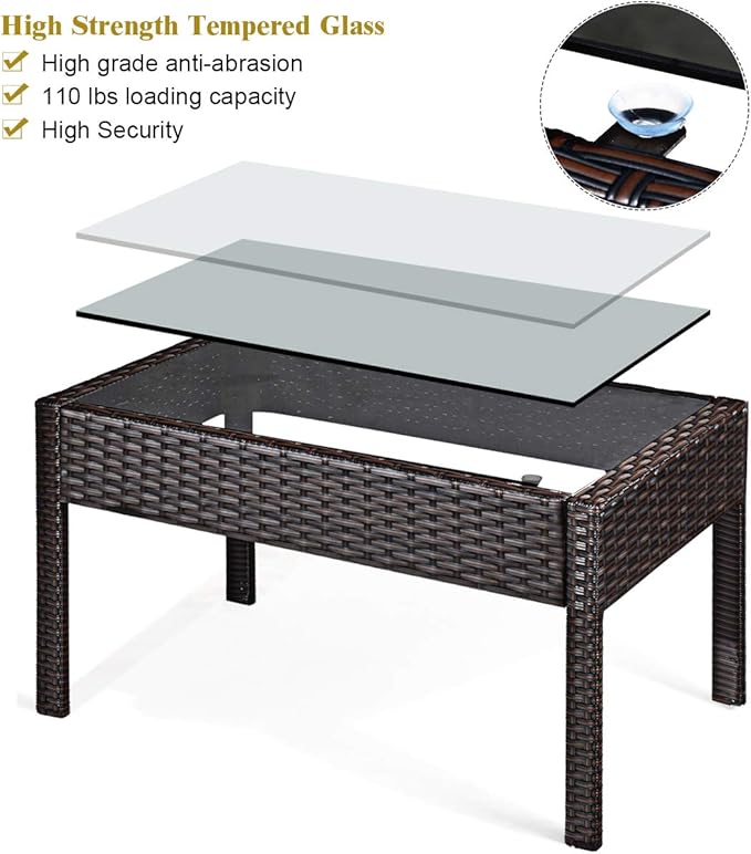 8 Pieces Patio Furniture Set, Wicker Conversation Set with Water-Resistant Cushion & Tempered Glass Table, 2 Set of Porch Deck Furniture Outdoor Rattan Chair for Backyard, Balcony(Beige)