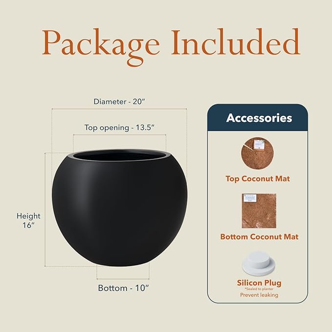 16" H x 20" D Premium Globo Fiberstone Round Planter with Drainage Hole, Smooth Finishes, Weather Resistant for Indoor and Outdoor Use, Included 2 Extra Coco Mats (Black, 13.5" Pot Opening)
