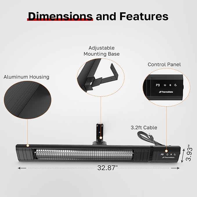 ThermoMate Infared Patio Heater for Outdoor, Electric 1500W IP65 Waterproof with Remote, 9 Heating Levels & 24H Timer for Restaurant Backyard, Plug-in 120V Black