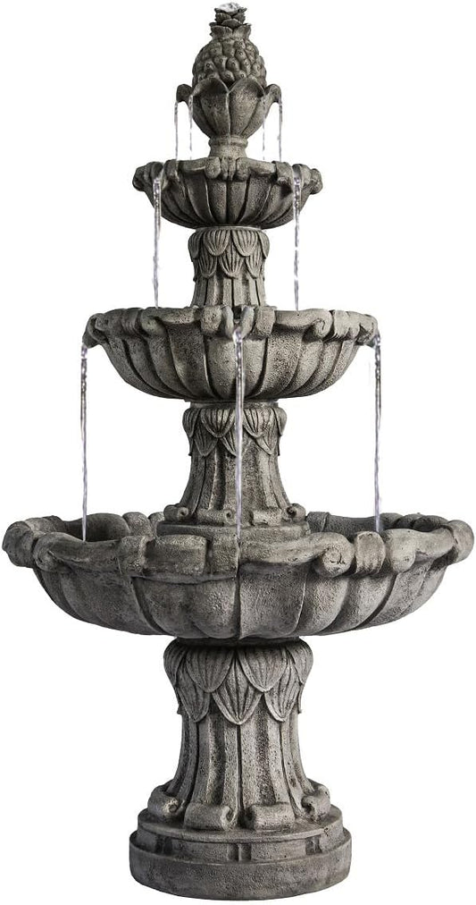 Outdoor Bird Bath Fountain 58.3" - 3-Tier Freestanding Water Fountain with Pump, Large Garden Patio Yard Décor, Dark Gray Leaf Design
