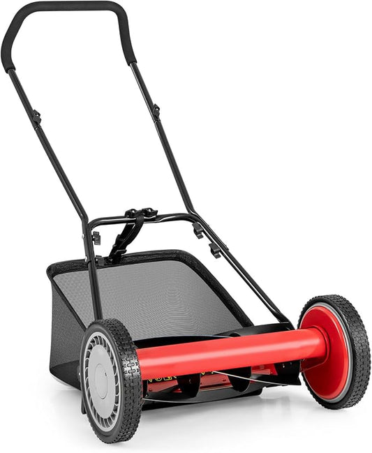 IRONMAX Lawn Mower, 16 Inch Push Reel Lawn Mower with 5 Steel Blades, Adjustable Cutting Heights, Grass Catcher Bag, Walk-Behind Manual Lawnmower for Garden Park Yard, No Motor (Red, 16 Inch) by IRONMAX
