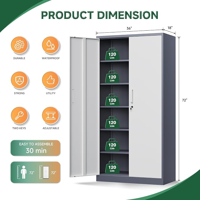 Letaya Metal Storage Cabinet with Lock Door and 5 Shelves,6 Tier Steel Garage Tool Cabinet for Home Office Utility Room 72" H X 36" W X18 D (White Gray) - Image 3