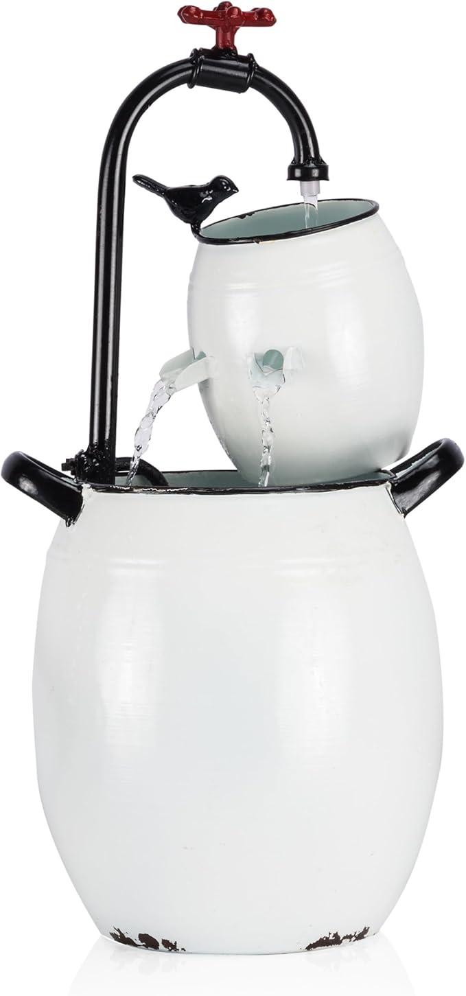 Alpine Corporation YHL428 Outdoor Tabletop Barrels and Faucet Water Fountain, Antique Tabletop Décor Fountain 19", White