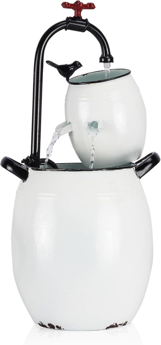 Alpine Corporation YHL428 Outdoor Tabletop Barrels and Faucet Water Fountain, Antique Tabletop Décor Fountain 19", White