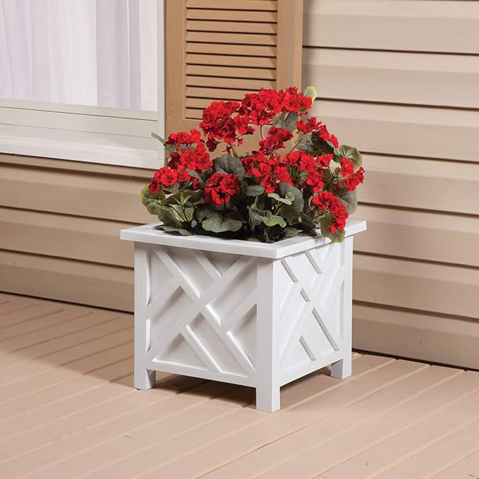 Miles Kimball Set of 2 Chippendale Planter Boxes, White – Outdoor Flower Holder for Garden, Patio and Lawn – 14 ¾” sq. x 13 ¼ H Overall