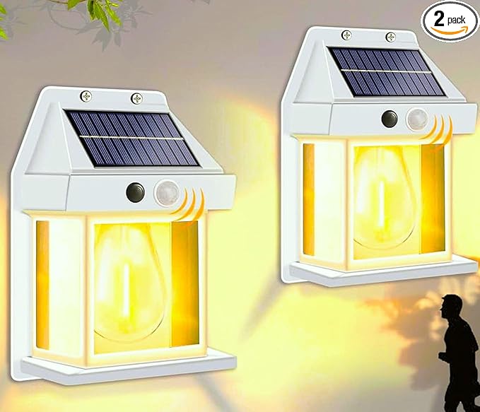 2-Pack 8.2" H Outdoor Solar Powered Wall Sconce Lights Dawn to Dusk Motion Sensor 3 Lighting Modes for Porch Garage House Patio Shed Barn Door Yard Outside Decorative Waterproof -White.