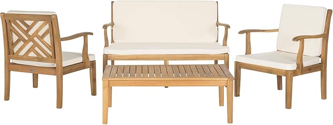 Safavieh Outdoor Living Collection Bradbury 4-Piece Outdoor Living Set, Natural/Beige, Chair: 25.6" x 24.8" x 31.9" Bench: 48.4" x 24.8"