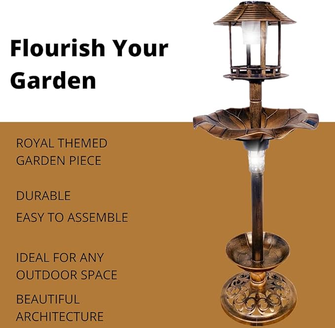 BTEXPERT Outdoor Solar Garden Bird Bath Vintage Lighted Pedestal Fountain Flower Birdbath Planter Accents Decoration Yard Statue Feeder, Decorative Cage, Fillable Stand Polyresin