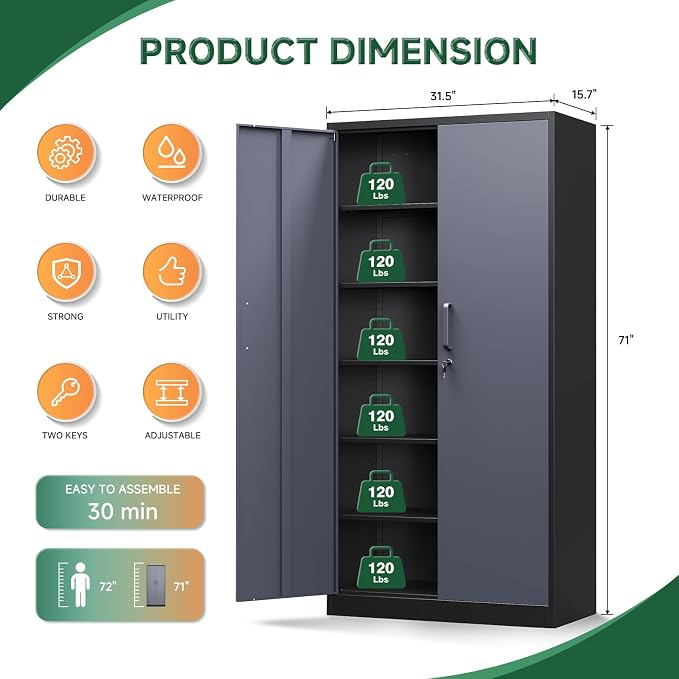 Letaya Metal Storage Cabinets with Lock Door and 5 Adjustable Shelves, Steel Garage Tool Organization Cabinets for Home,Utility Room, Warehouse,Lockers(71"-Black Gray) | Lock Door, 5 Adjustable Shelves, Garage, Lockers - Image 3