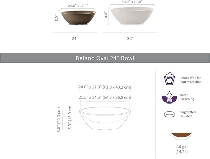 Crescent Garden Delano Oval Planter Bowl, Succulent Garden, Unique Indoor/Outdoor Double-Walled Plant Bowl with Plug- Oval Shape - 24" L x 17" W x 8" H (Old Bronze)