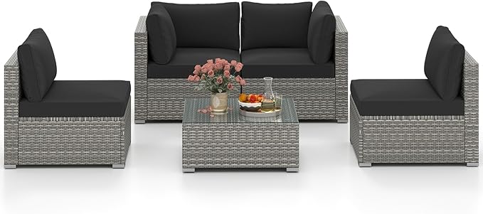 Tangkula 5-Piece Outdoor Patio Sectional Sofa Couch, PE Rattan Conversation Set w/Glass Coffee Table & Cushions, Outdoor Furniture Set w/Sturdy Metal Frame for Garden Poolside Backyard