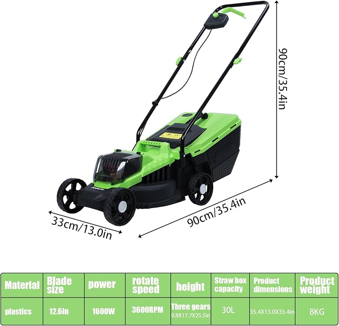 Electric Lawn Mower 1600W Self-Propelled Lawn Mower Cordless Brushless with 30L Grass Tank Brushless Motor Three Adjustable Height 25 45 65mm 3600Rpm US Plug - Image 6