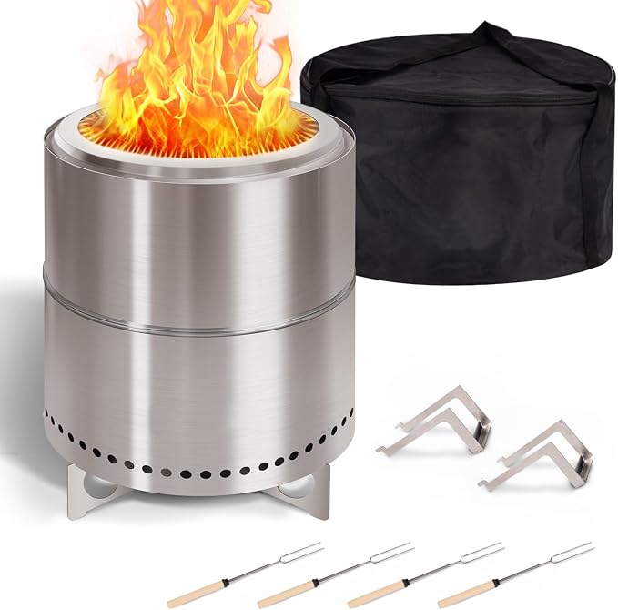 BRIOPAWS Large Smokeless-fire-pit Outdoor | 15 IN | 304 Stainless-Steel-Firepit | Portable Solo Fire Pits for Outside, Camping | Low Smoke Stove | Wood Burning Chimenea, Inclu. Bag, BBQ Forks, Handles by BRIOPAWS