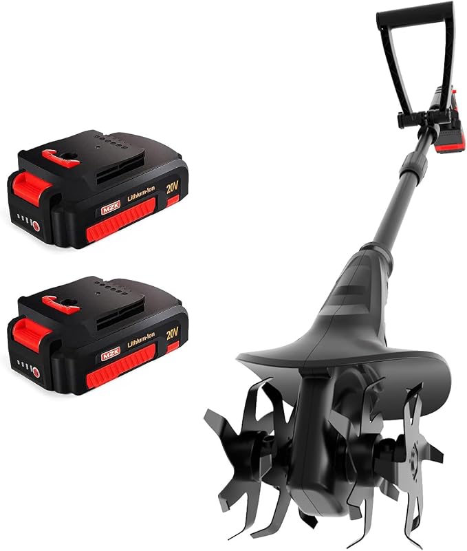 MZK 20V Cordless Tiller Cultivator with Steel Tines,8-inch Wide Battery Powered Garden Cultivator, 360RPM Electric Tiller for Lawn/Gardening/Soil Cultivation(2 * 2AH Battery&Charger Included),TC08D01 by MZKmagiczaker