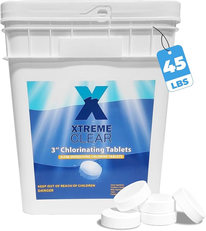 Xtremeclear 3" Swimming Pool Chlorine Tablets 99% Pure Tri-Chlor Pool Sanitizer 45LBS Slow Dissolving Chlorinating Tabs for Swimming Pools, Hot Tubs, Spa by XtremepowerUS