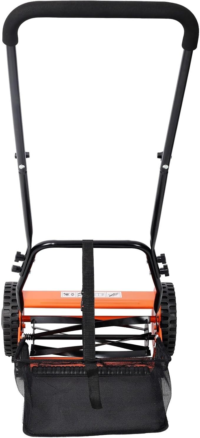 14-Inch 5-Blade Push Reel Lawn Mower with Grass Catcher, Adjustable Height 0.6-1.8 Inch, Manual Hand Push Mower with Heat-Treated Alloy Steel Blades, Gas-Free Grass Cutter, Orange - Image 4